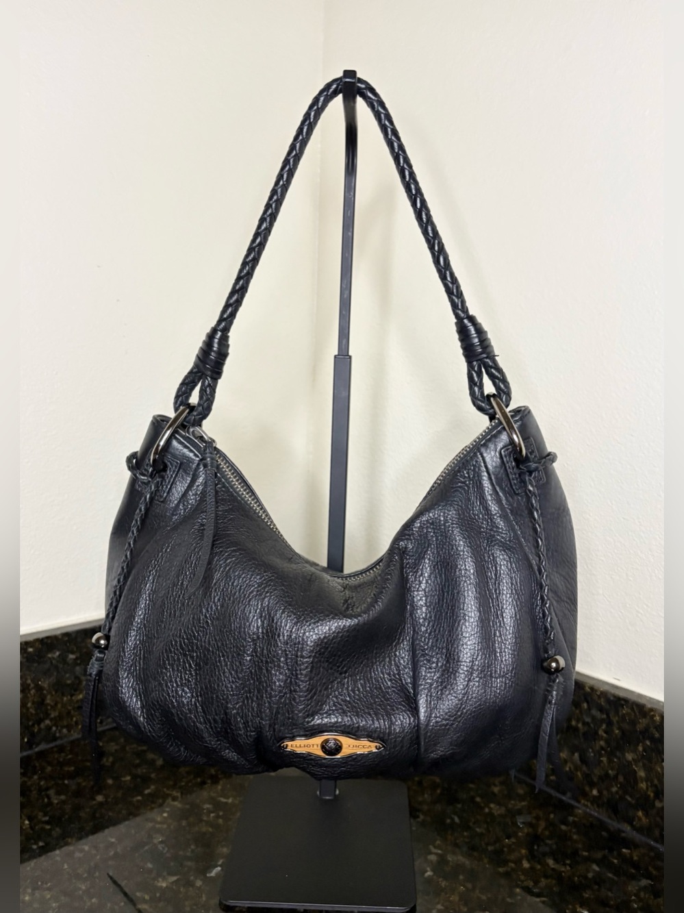 Elliott Lucca Black Braided-Handle Leather Hobo Shoulder Bag